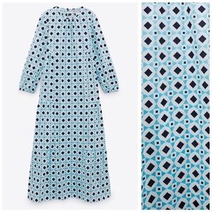 Zara Isa Dress Kaftan 100% Cotton Blue Multi Geometric Vacation Summer Large NWT
